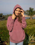 Eternal Fabric Hoodie in Pigment Maroon, women's front view, full-garment dye