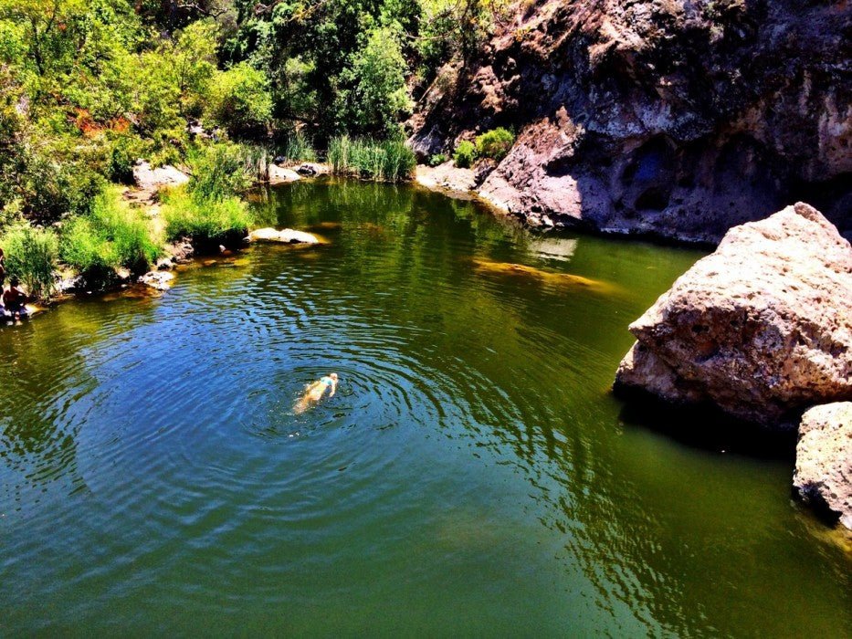 Rock formations and chaparral in Malibu Creek State Park, Santa Monica Mountains