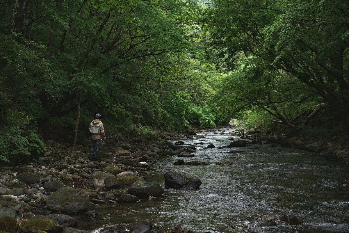 Lone angler standing on the bank of the Henry's Fork of the Snake River, Idaho