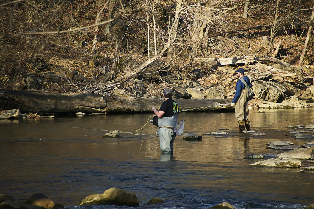 Two fly fishers wading a clear river before the morning hatch begins
