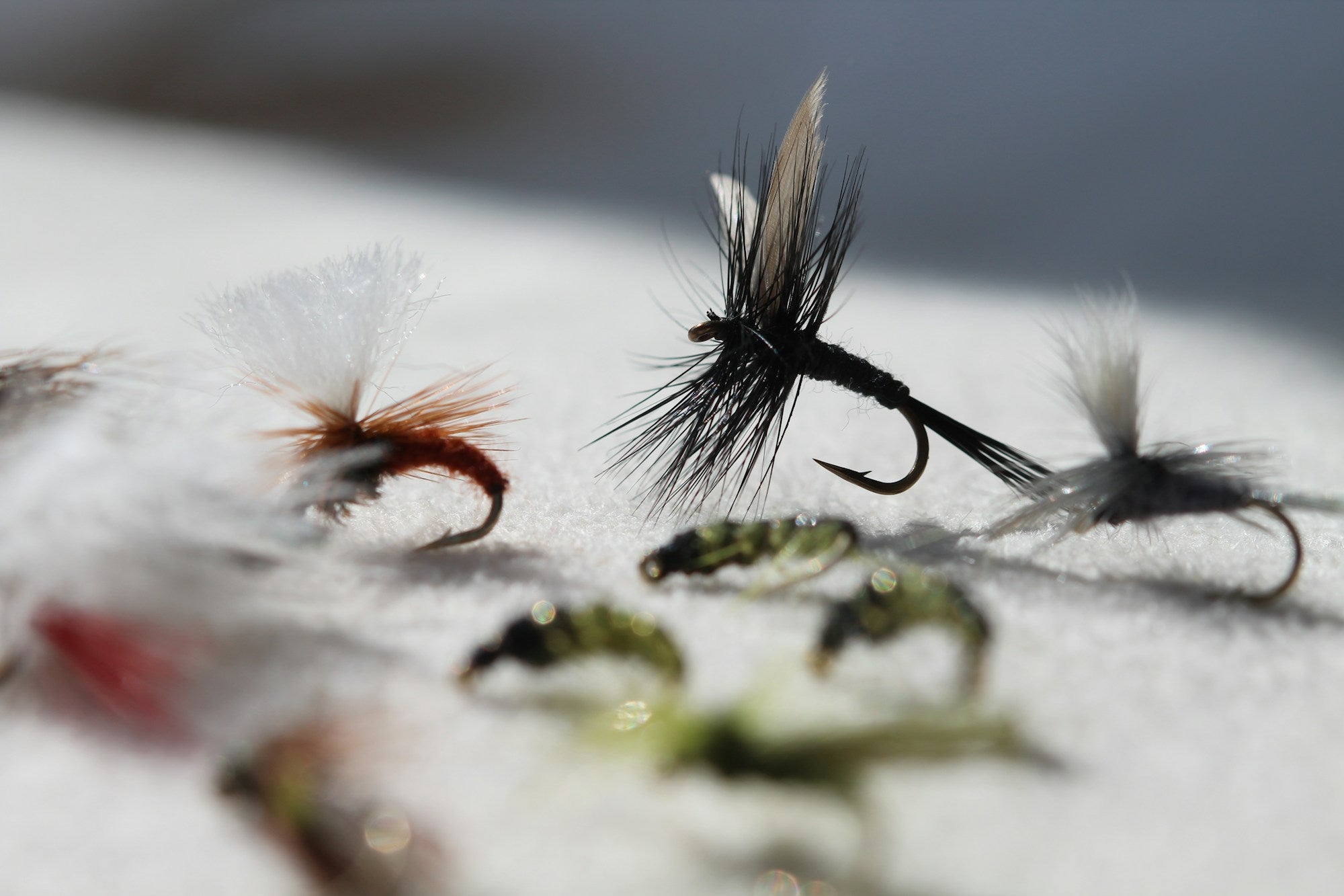 Assortment of hand-tied fly fishing patterns laid out for selection