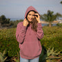Eternal Fabric Hoodie in Pigment Maroon, women's front view, full-garment dye