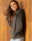 Eternal Fabric Hoodie in Pigment Black, women's front view, 9oz pigment-dyed fleece