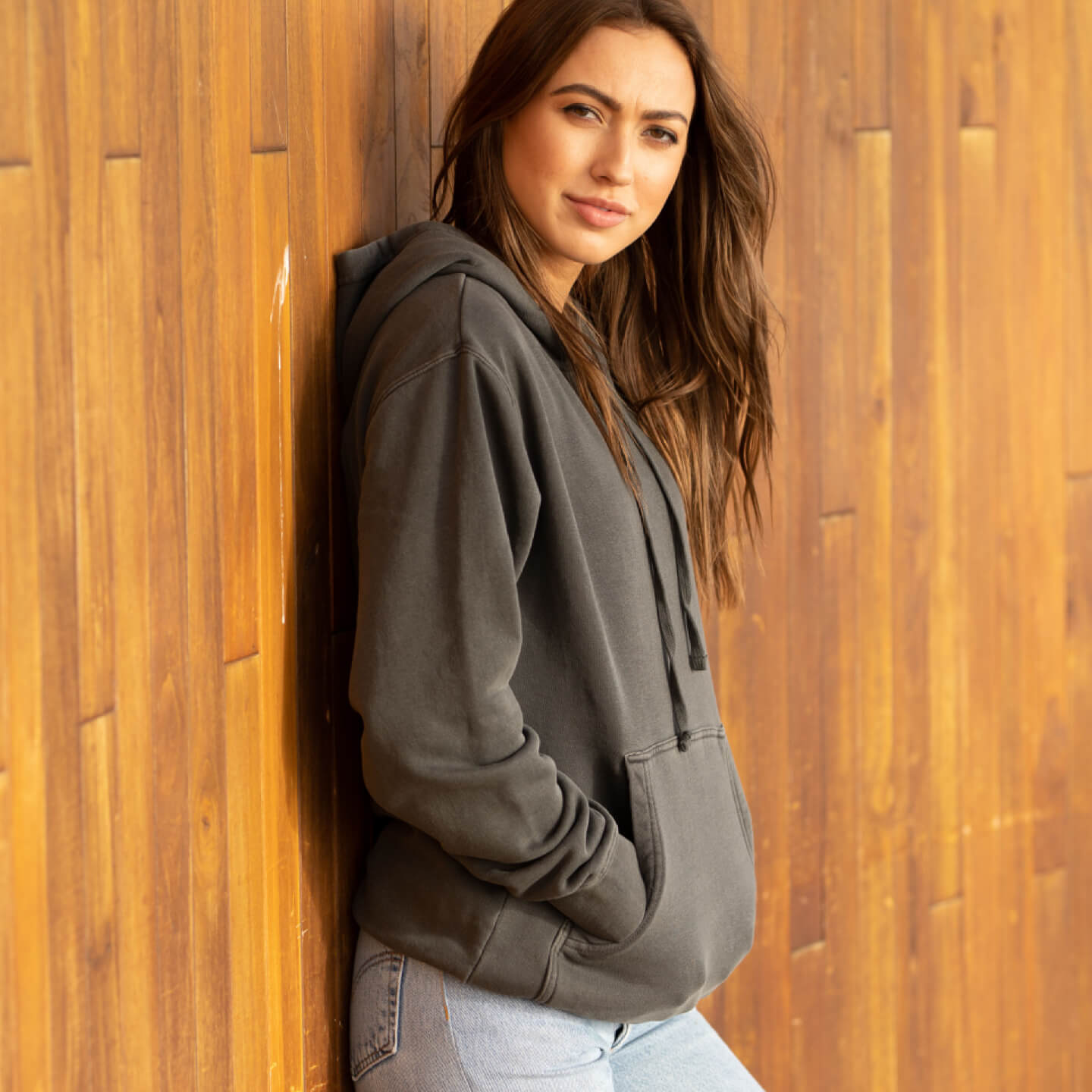 Eternal Fabric Hoodie in Pigment Black, women's side view showing vintage character