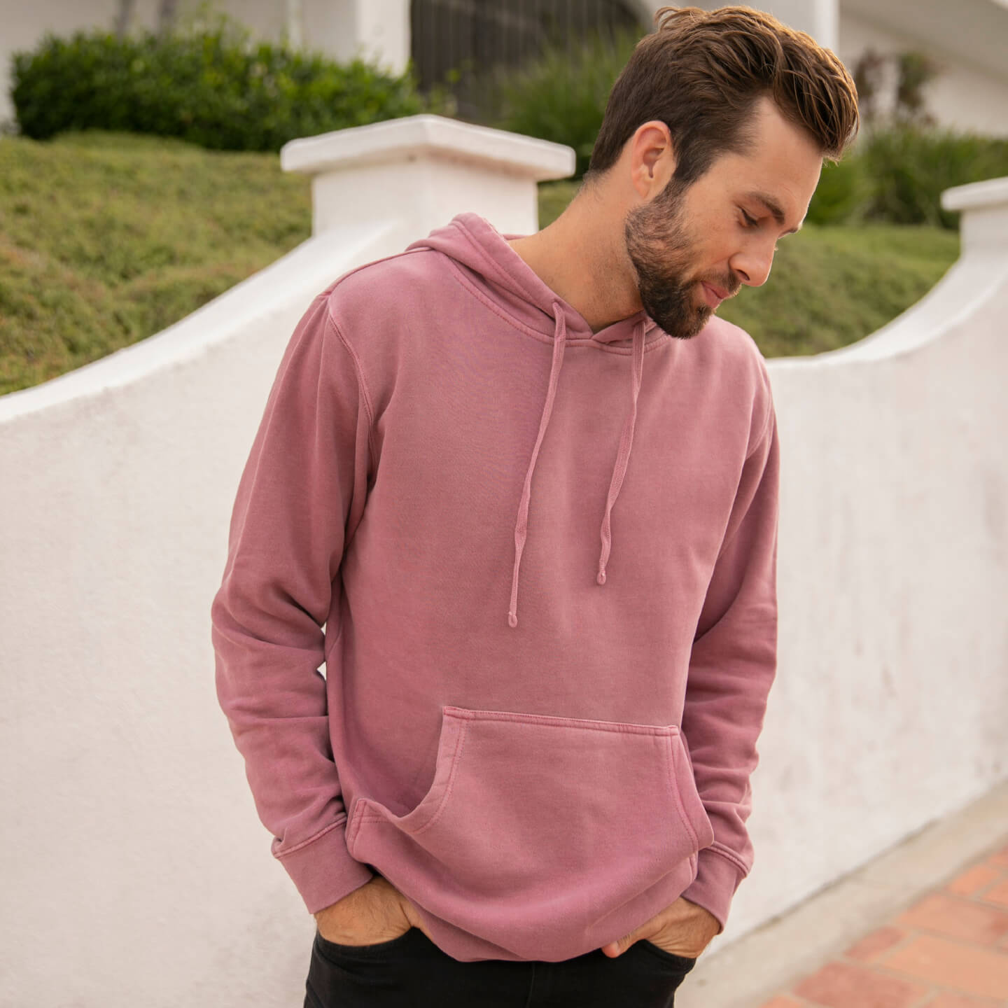 Eternal Fabric Hoodie in Pigment Maroon, men's side view showing relaxed standard fit